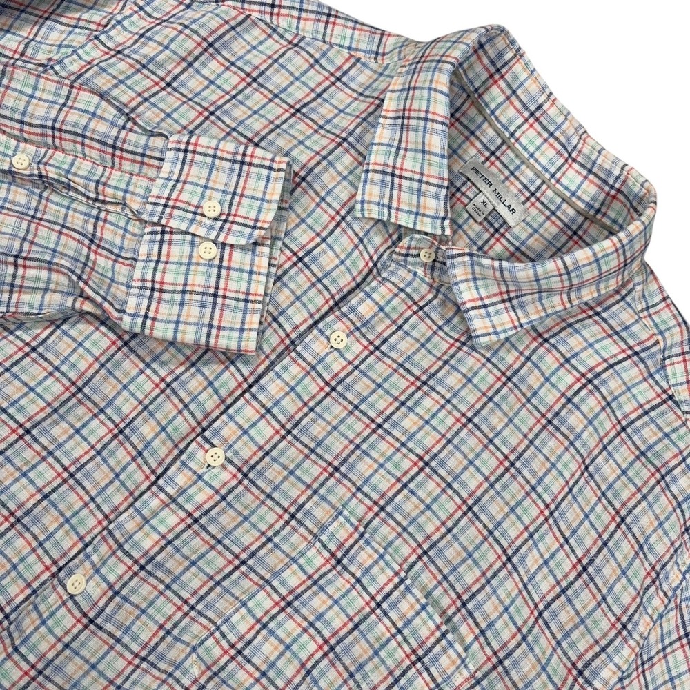 Peter Millar 100% Linen Sport Shirt Mens XL White Multicolor Plaid Long Sleeve